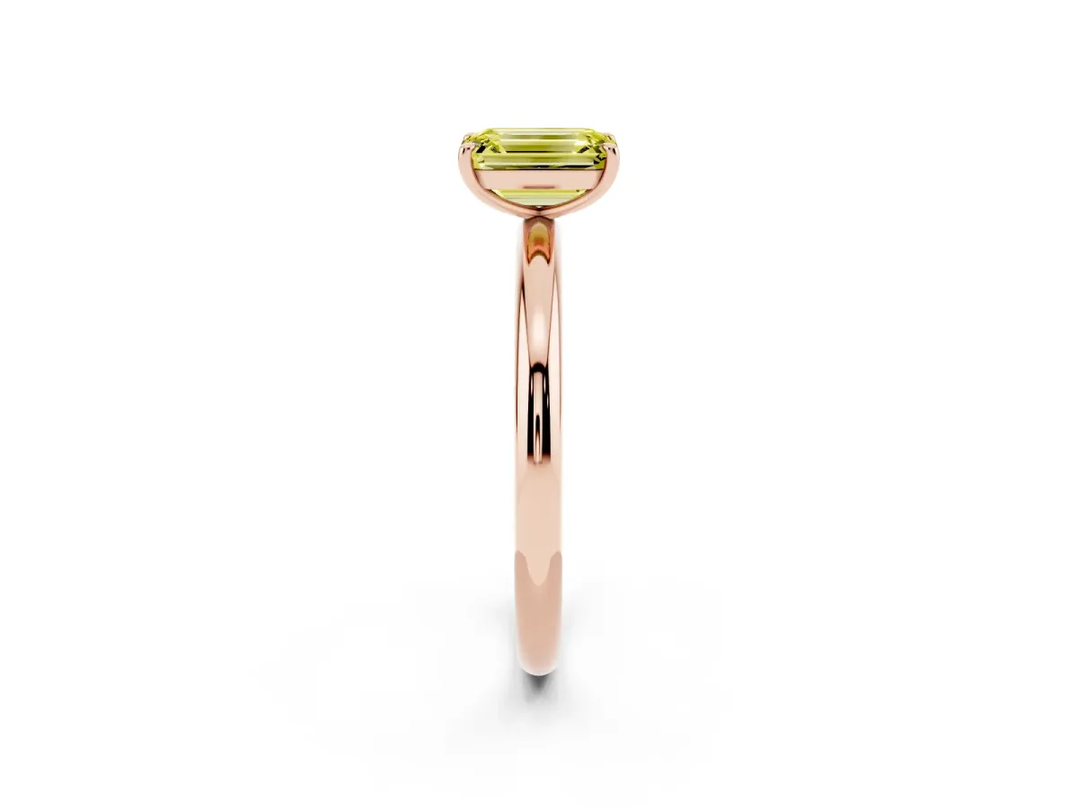 Fancy Yellow Emerald Cut Solitaire Diamond Ring with Four-Prong Setting on a Plain Band Rose gold