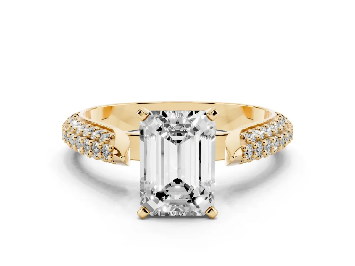 Emerald Cut Diamond Solitaire Engagement Ring with Multi-Row Round Pavé Band and Prong Setting Yellow gold