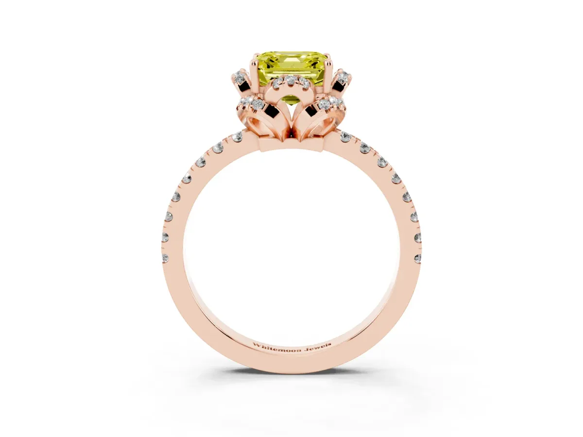 Fancy Yellow Asscher Cut Halo Diamond Pave Band Ring with Four-Prong Setting Rose gold