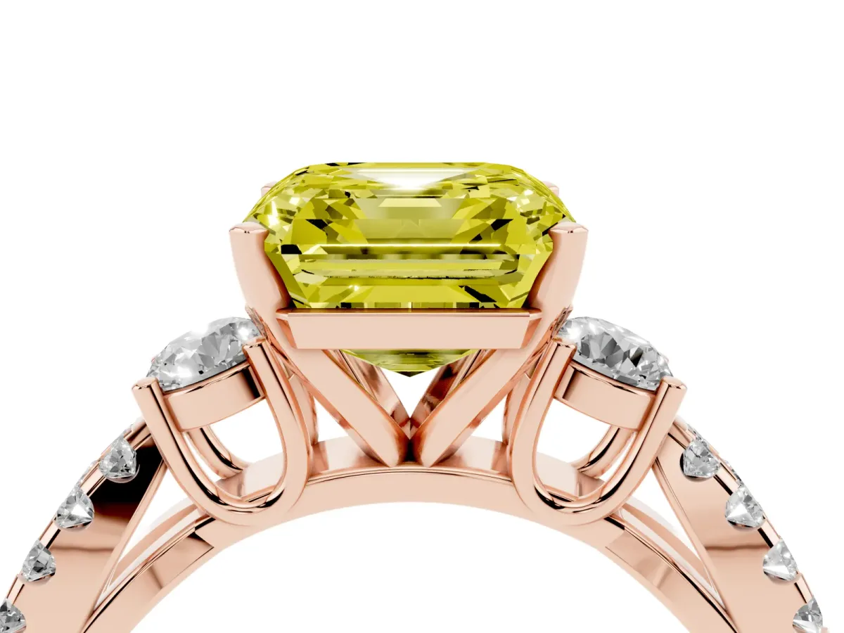Fancy Yellow Asscher Cut Diamond Three-Stone Ring with Pavé Split Shank and Four-Prong Setting Rose gold