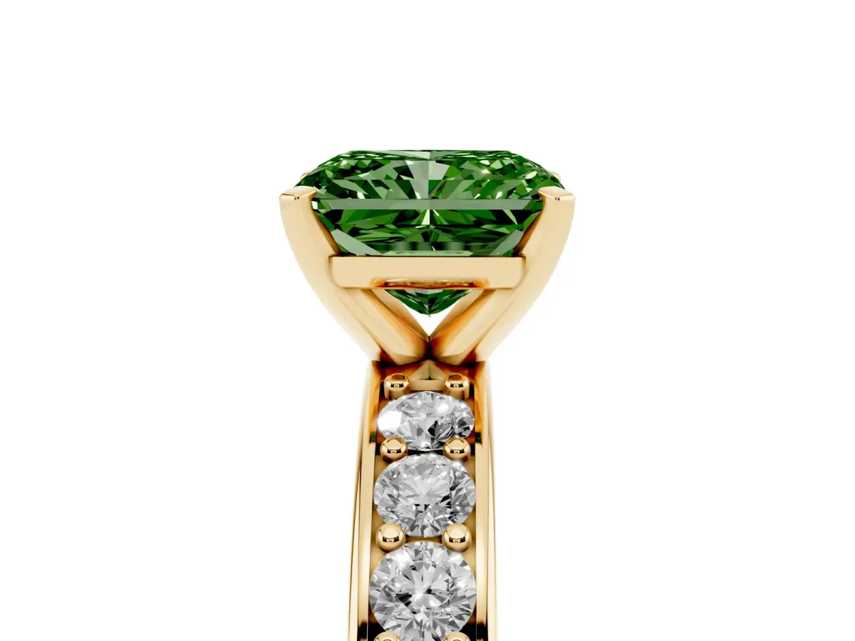 Fancy Green Radiant Cut Diamond Engagement Ring with Channel Set Round Band and Prong Setting Yellow gold