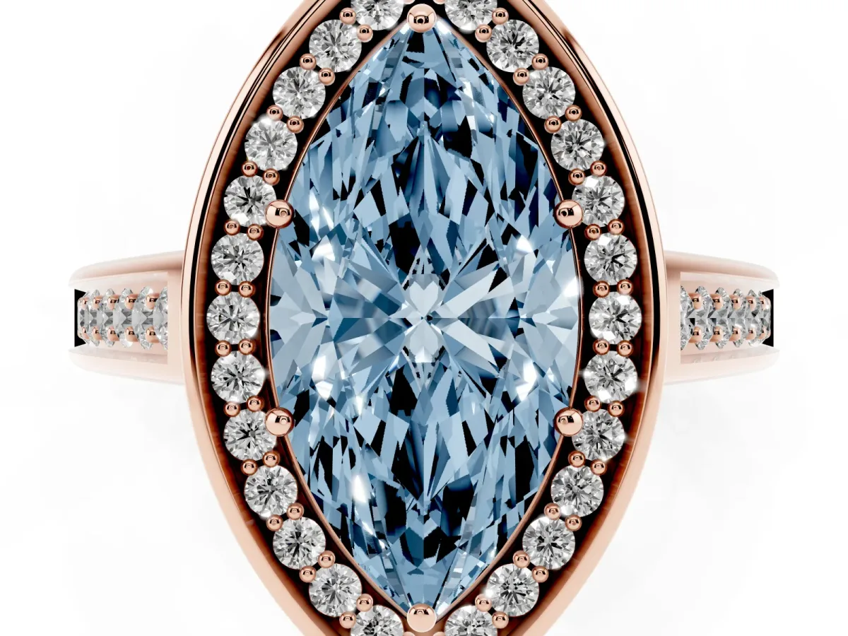 Fancy Blue Marquise Cut Halo Solitaire Diamond Ring with Pave Band and Bezel Setting Rose gold