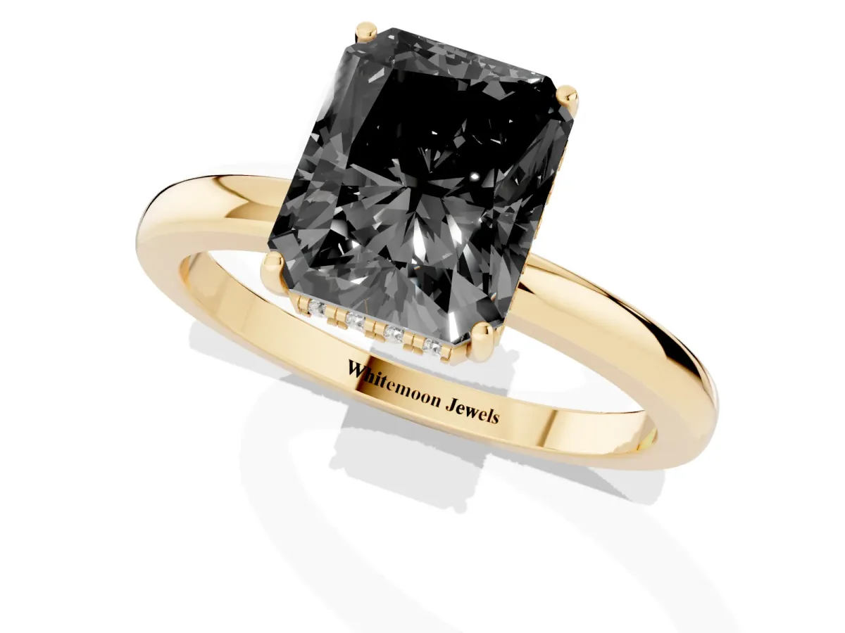 Fancy Black Radiant Cut Solitaire Diamond Ring with Prong Setting and Plain Band Yellow gold