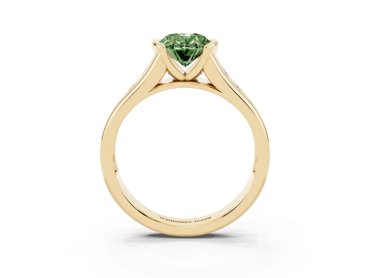 Fancy Green Oval Cut Solitaire Bezel-Set Diamond Ring with Channel-Set Band Yellow gold