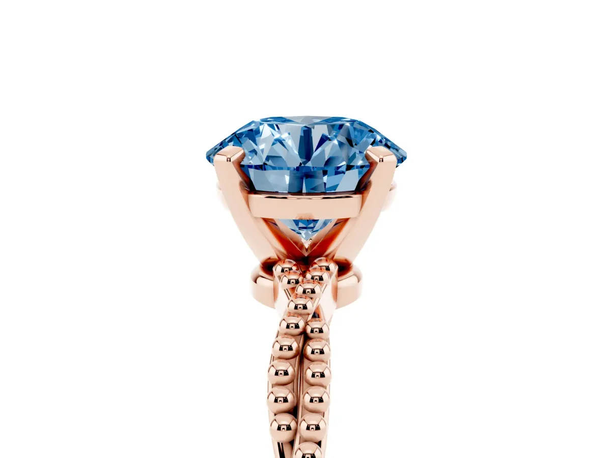 Fancy Blue Round Cut Solitaire Twisted Band with Bead Prong Setting Rose gold