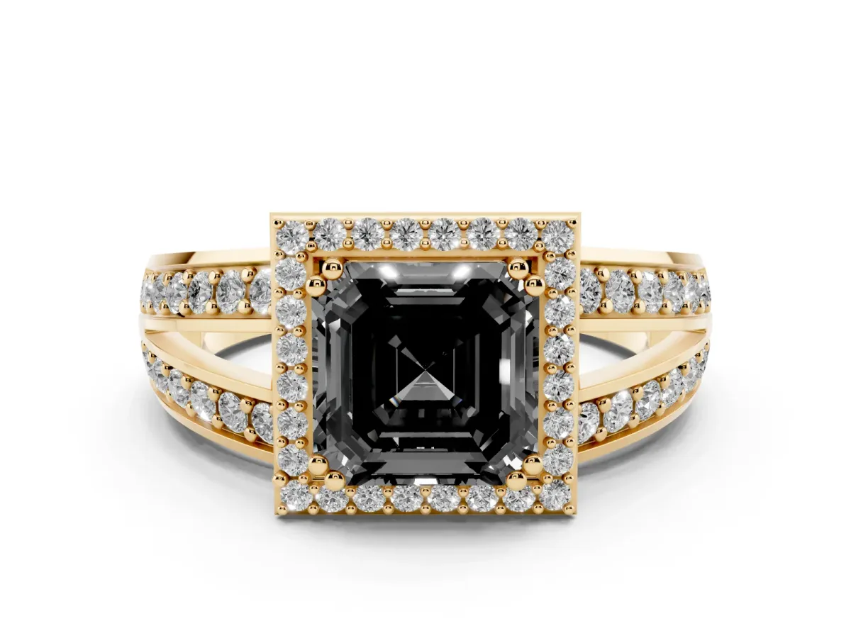 Fancy Black Asscher Cut Diamond Halo Ring with Split Shank Pavé Band and Four-Prong Setting Yellow gold