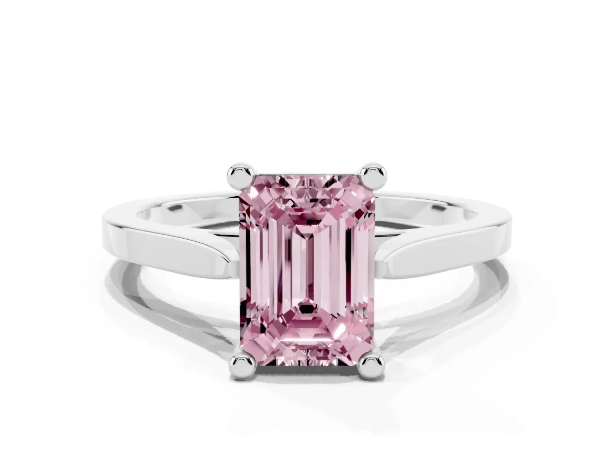 Fancy Pink Emerald Cut Solitaire Diamond Ring with Four-Prong Setting and Tapered Band Platinum