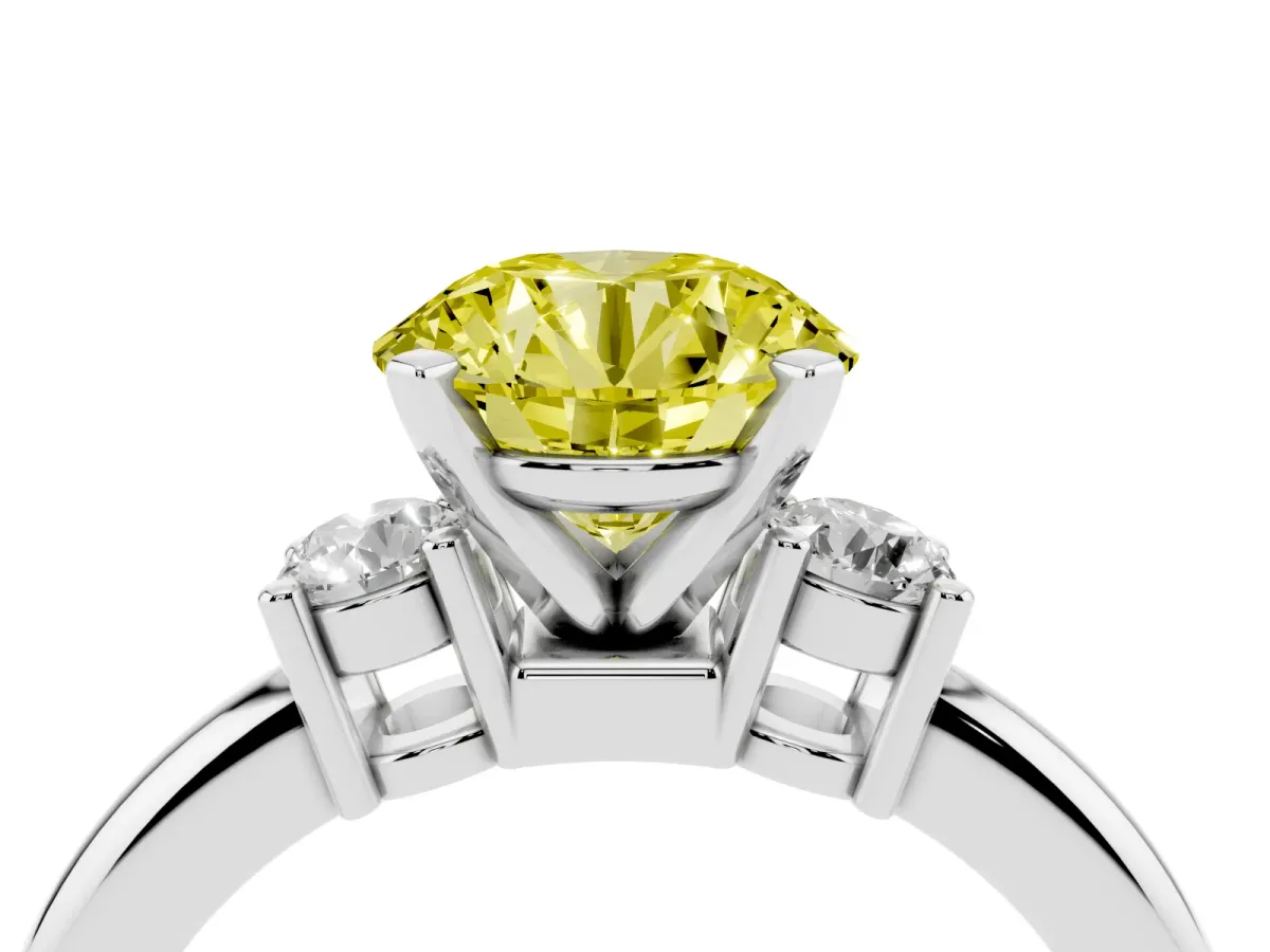 Fancy Yellow Three-Stone Round Cut Cut Diamond Solitaire with Prong Setting and Classic Band Silver