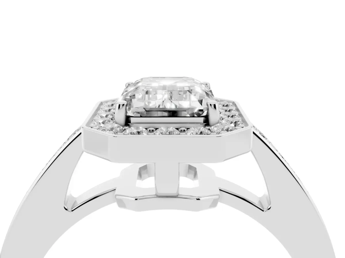 Emerald Cut Halo Pavé Diamond Engagement Ring with Bezel Setting Silver
