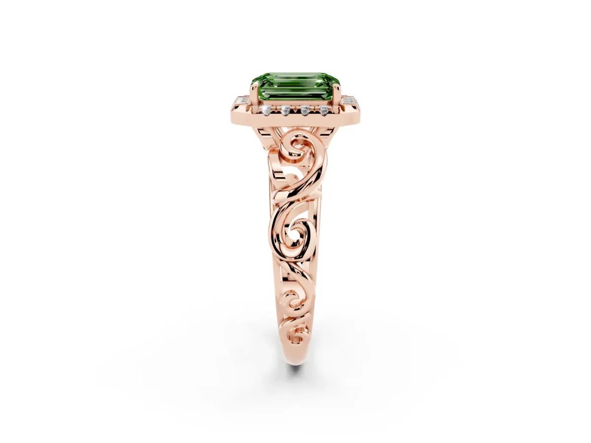 Fancy Green Emerald Cut Cut Halo Diamond Ring with Scrollwork Band and Four-Prong Setting Rose gold