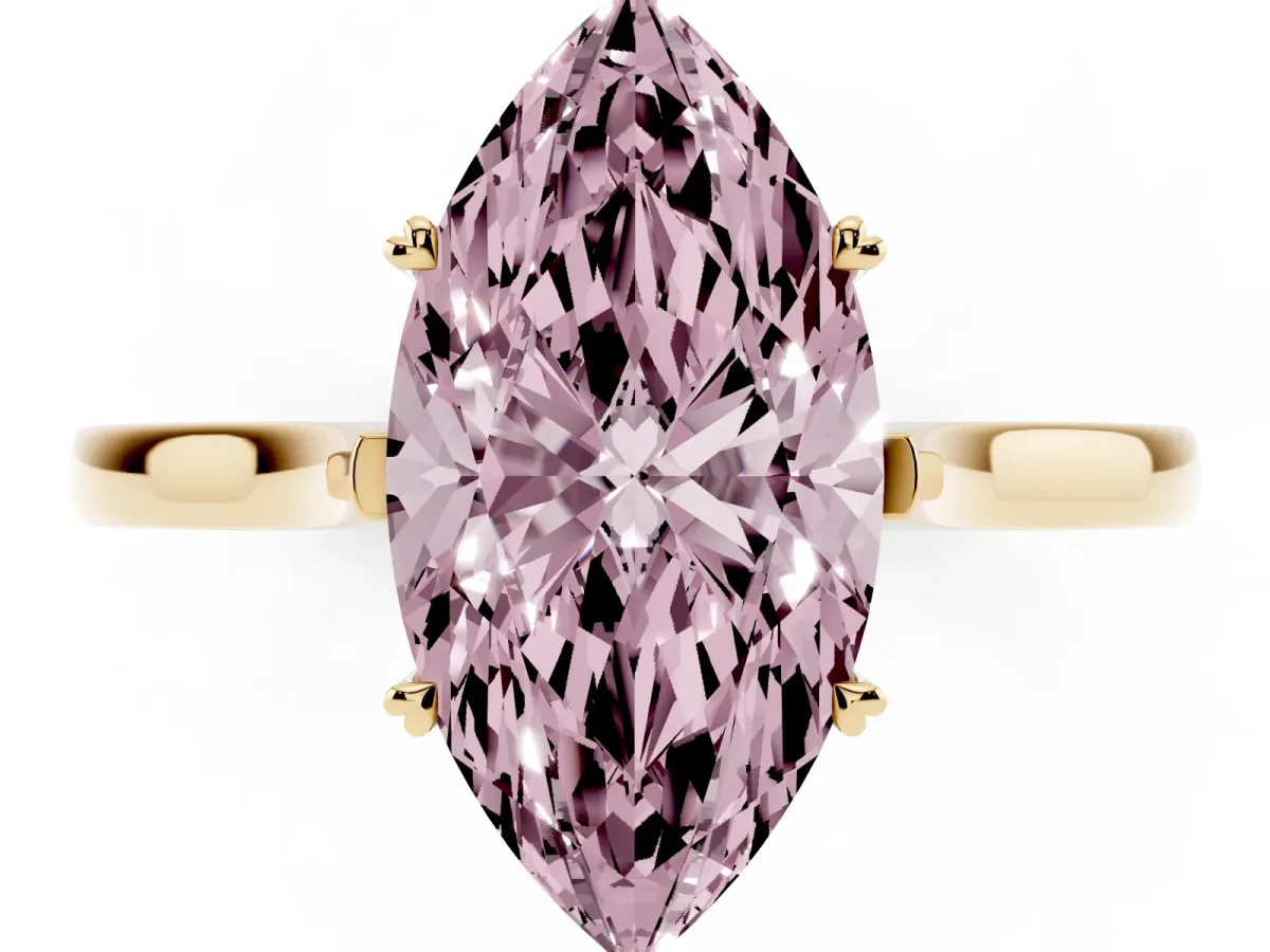 Fancy Pink Marquise Cut Solitaire Heart Prong Engagement Ring with Tapered Band Yellow gold