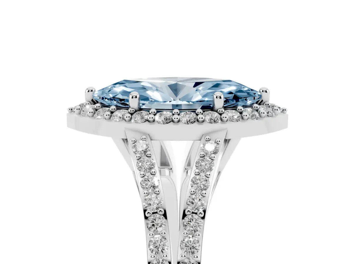 Fancy Blue Marquise Cut Halo Split Shank Pave Diamond Ring with Four-Prong Setting Platinum