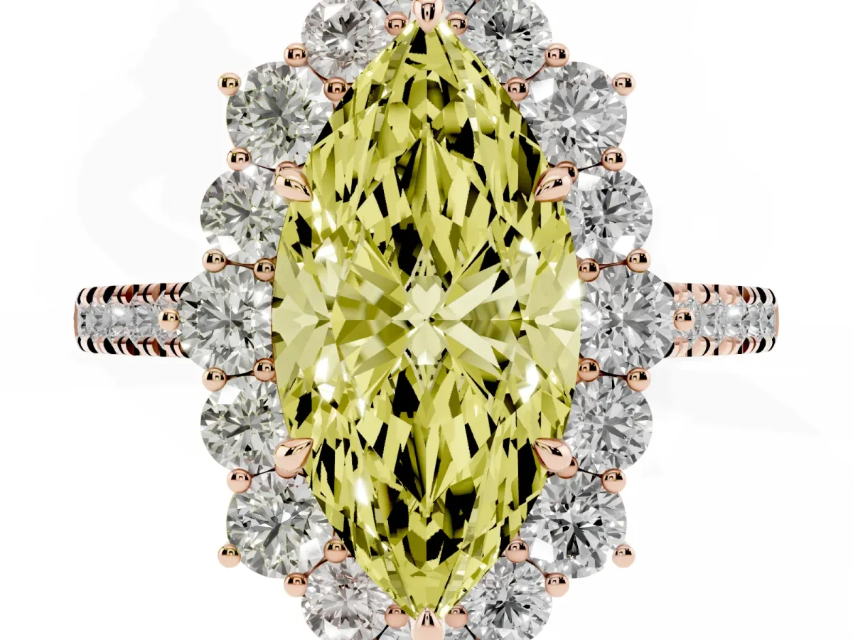 Fancy Yellow Marquise Cut Halo Diamond Ring with Pavé Band and Prong Setting Rose gold