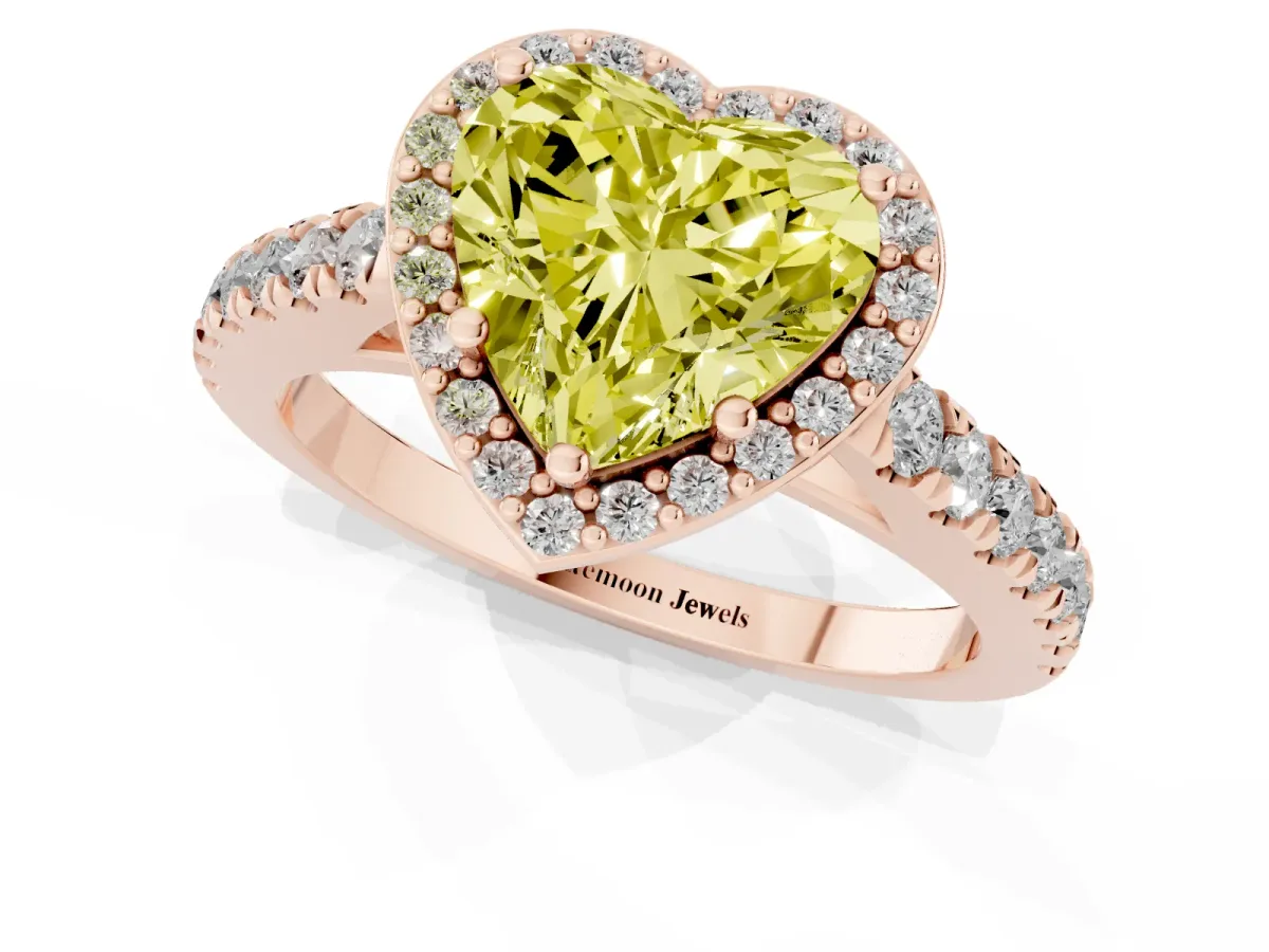 Fancy Yellow Heart Cut Cut Halo Diamond Engagement Ring with Pave Band and Four-Prong Setting Rose gold