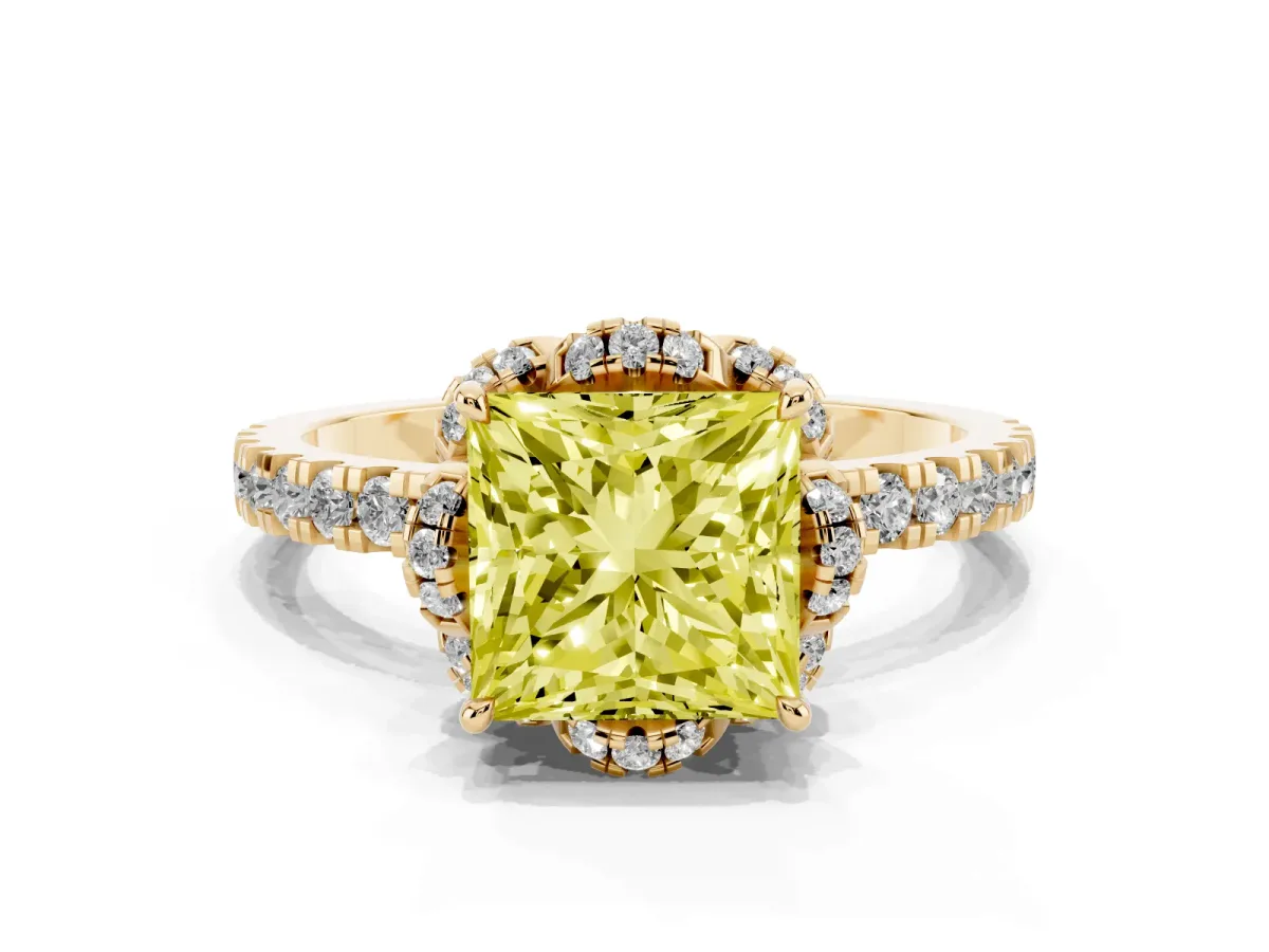 Fancy Yellow Princess Cut Halo Diamond Pave Band Ring with Four-Prong Setting Yellow gold