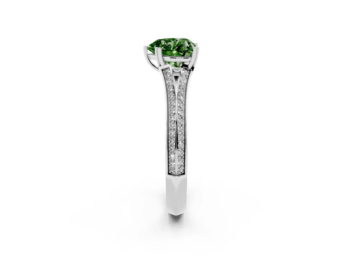 Fancy Green Heart Cut Diamond Split Shank Engagement Ring with Pavé Band Silver