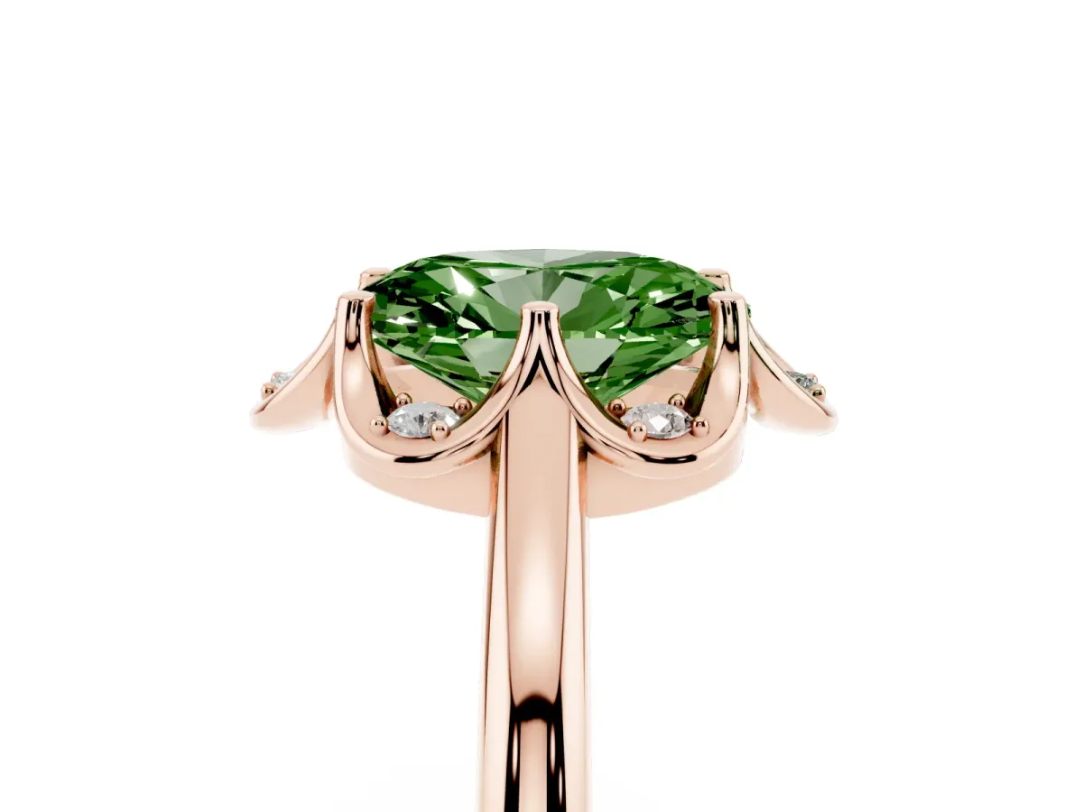 Fancy Green Oval Cut Halo Diamond Ring with Round Cluster Setting, Solitaire Band, and Four-Prong Setting Rose gold