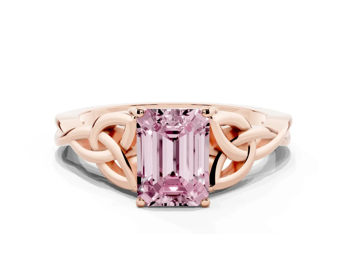 Fancy Pink Emerald Cut Diamond Solitaire Engagement Ring with Celtic Knot Band and Four-Prong Setting Rose gold
