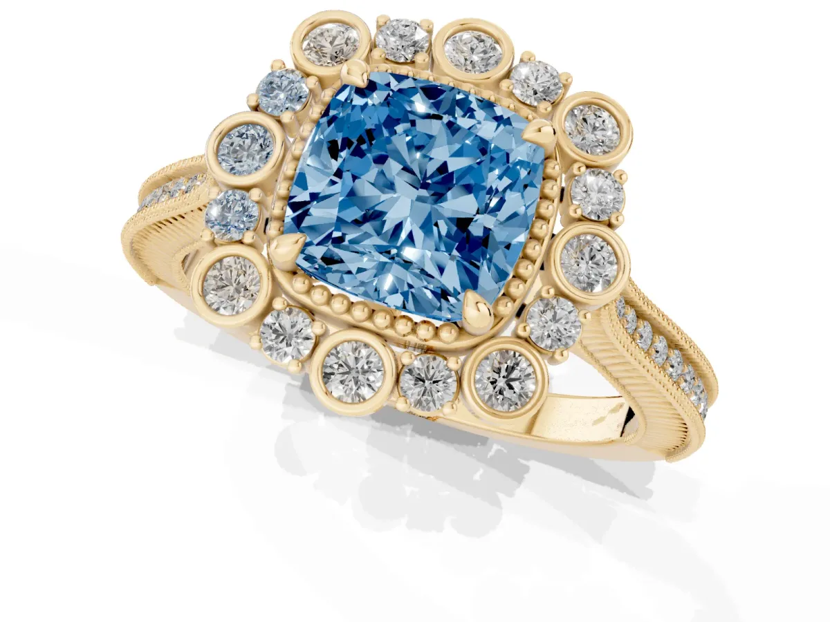 Fancy Blue Cushion Cut Halo Milgrain Pave Diamond Ring with Four-Prong Setting Yellow gold