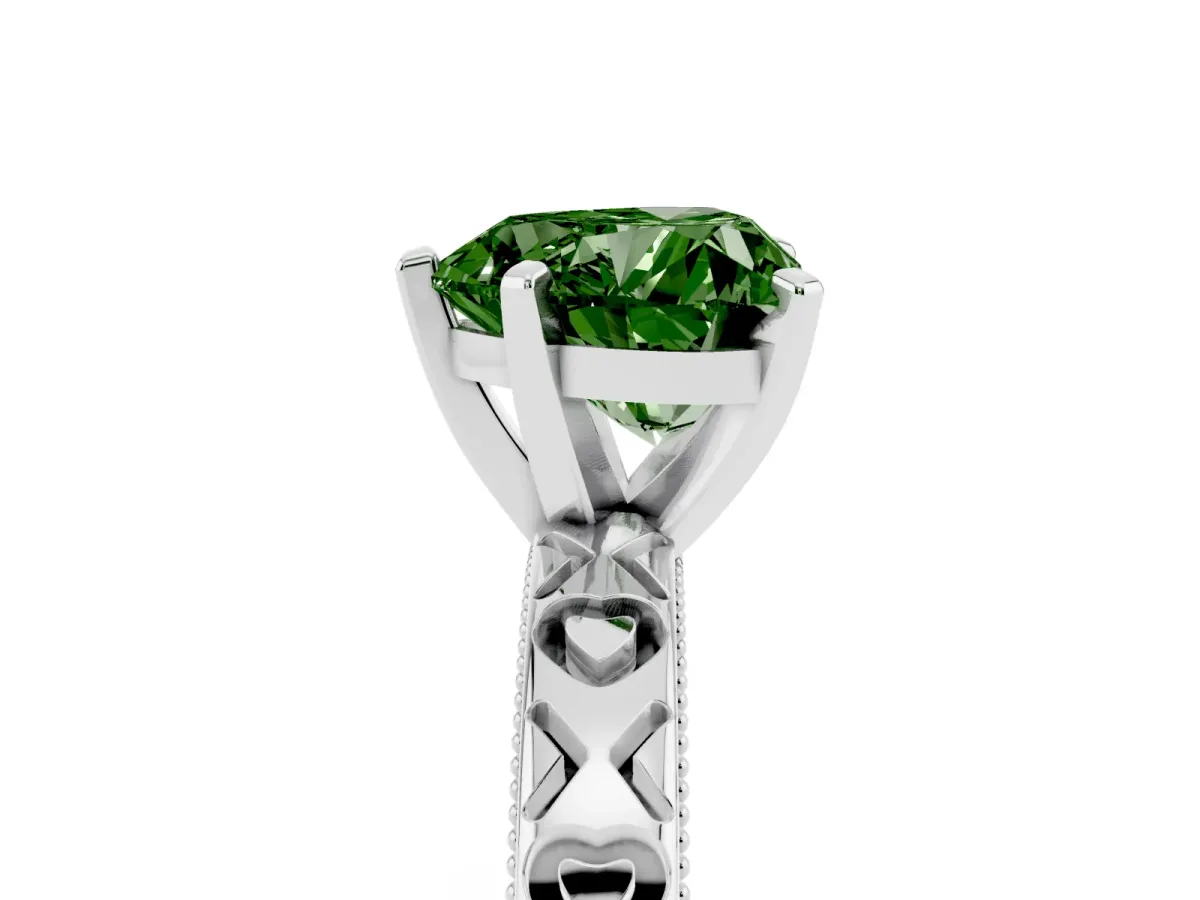 Fancy Green Heart Cut Solitaire Diamond Engagement Ring with XO Engraved Band and Four-Prong Setting Silver