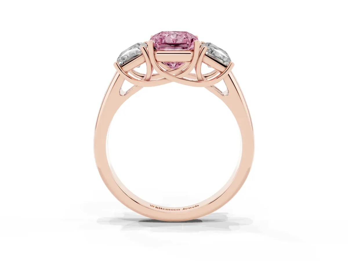 Fancy Pink Three-Stone Radiant Cut Diamond Engagement Ring with Prong Setting Rose gold