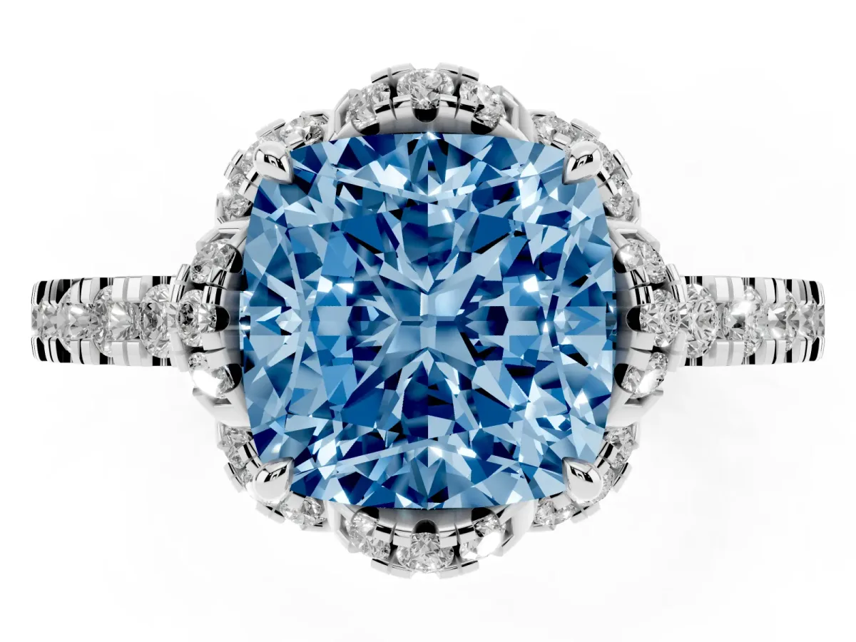Fancy Blue Cushion Cut Diamond Halo Pave Band with Four-Prong Setting Platinum