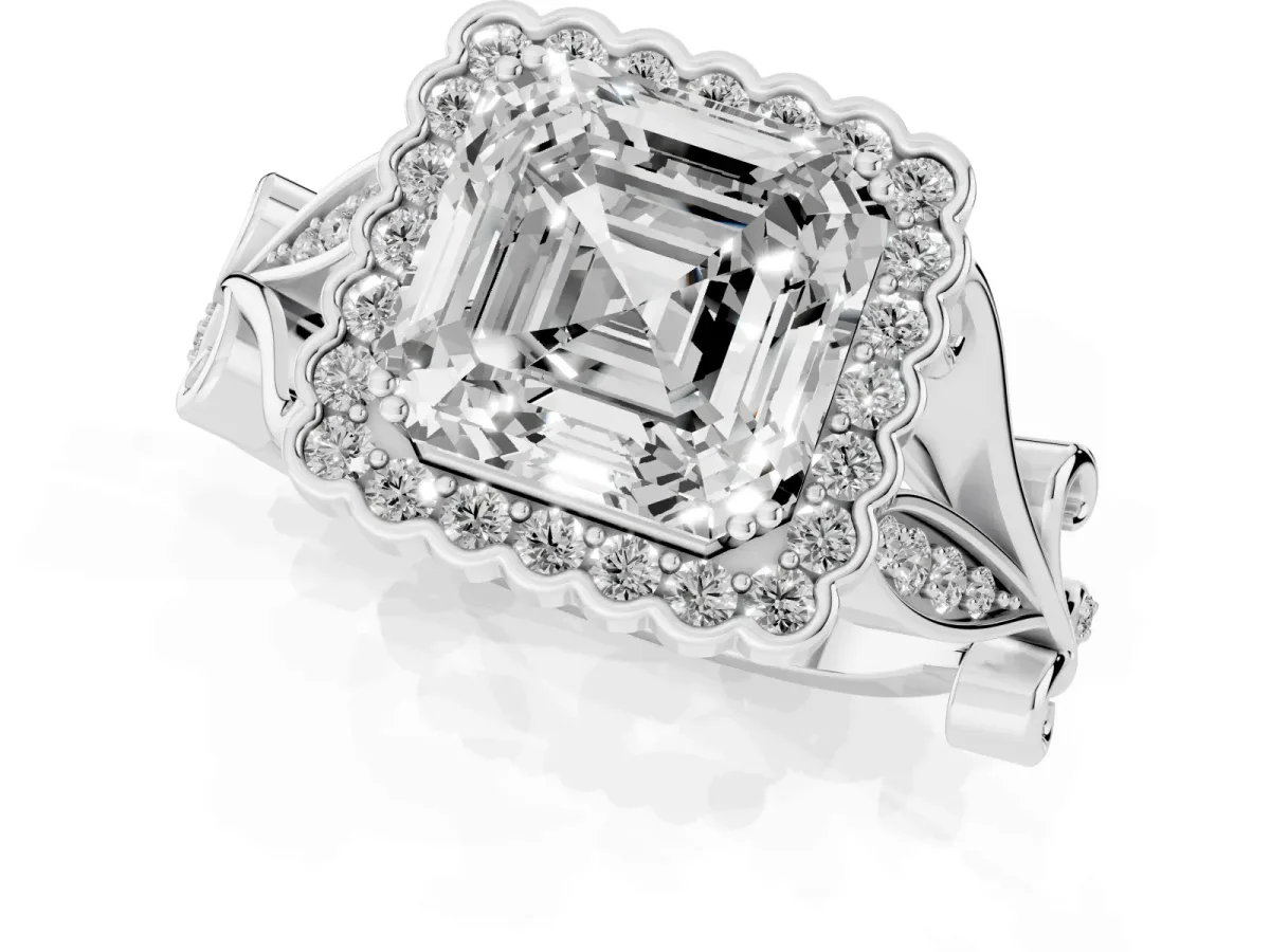 Asscher Cut Diamond Halo Ring with Vintage Split Shank and Four-Prong Setting Silver
