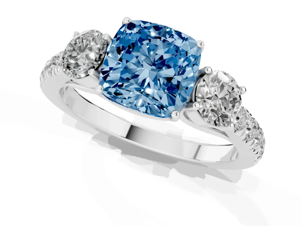 Fancy Blue Cushion Cut Cut Diamond Three-Stone Ring with Round Side Stones and Pavé Band Silver