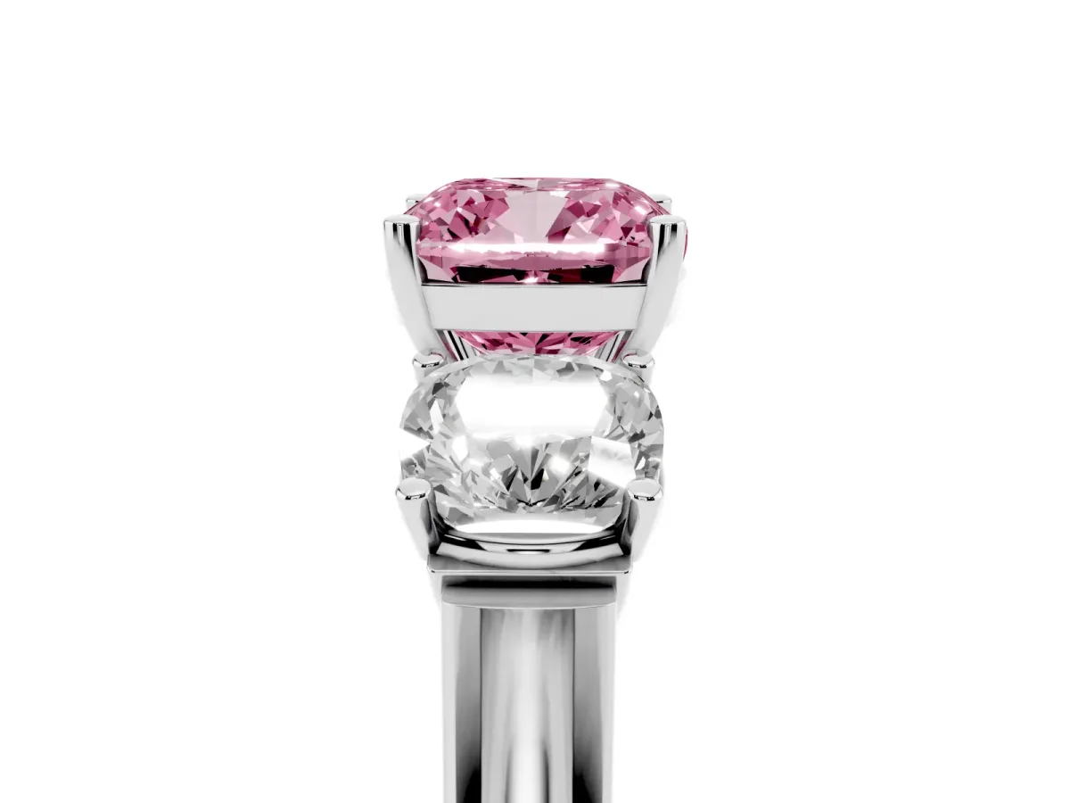 Fancy Pink Three-Stone Cushion Cut Brilliant Diamond Trellis Ring with Comfort Fit Band White gold