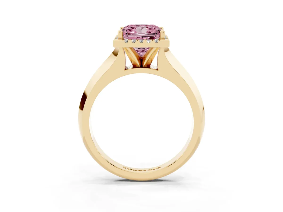 Fancy Pink Princess Cut Halo Diamond Ring with Cathedral Band and Four-Prong Setting Yellow gold