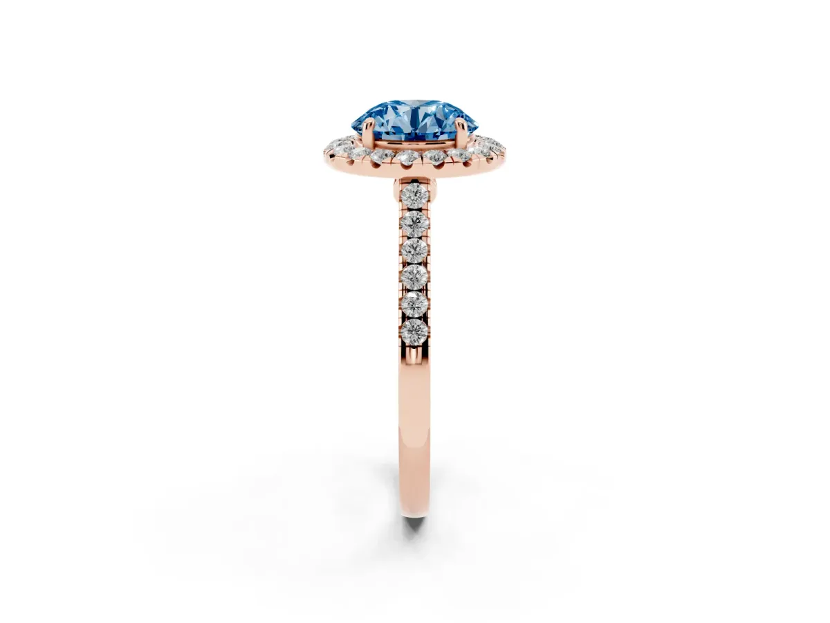 Fancy Blue Round Cut Halo Pave Diamond Engagement Ring with Four-Prong Setting Rose gold