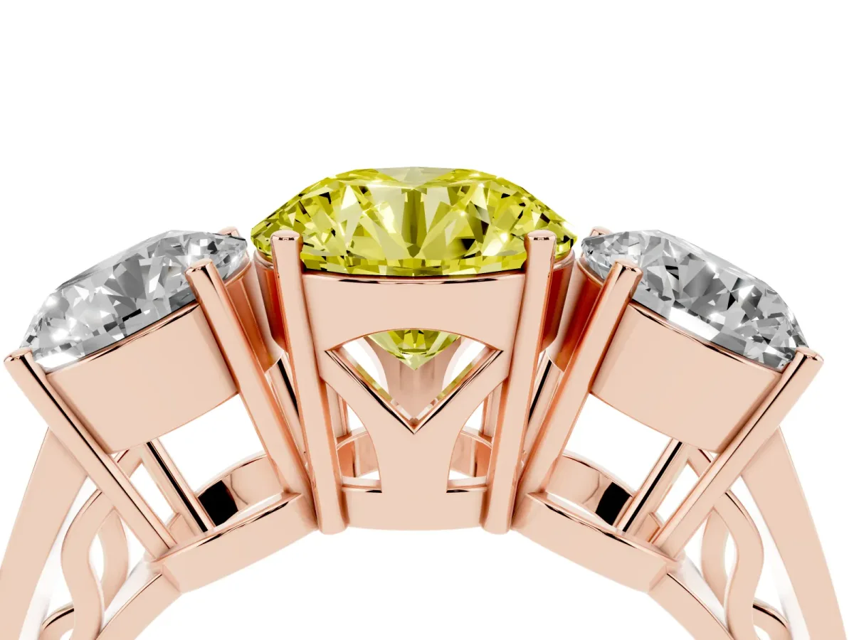 Fancy Yellow Round Cut Diamond Three-Stone Ring with Prong Setting and Textured Band Rose gold