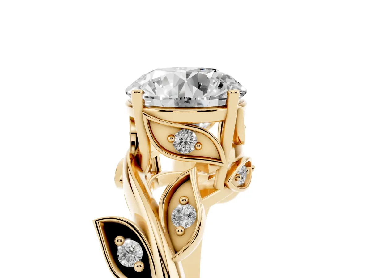 Round Cut Solitaire Twist Engagement Ring with Leaf Accents and Prong Setting Yellow gold