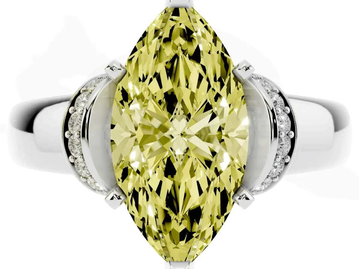 Fancy Yellow Marquise Cut Solitaire Diamond Ring with Pave Band and Six-Prong Setting Silver