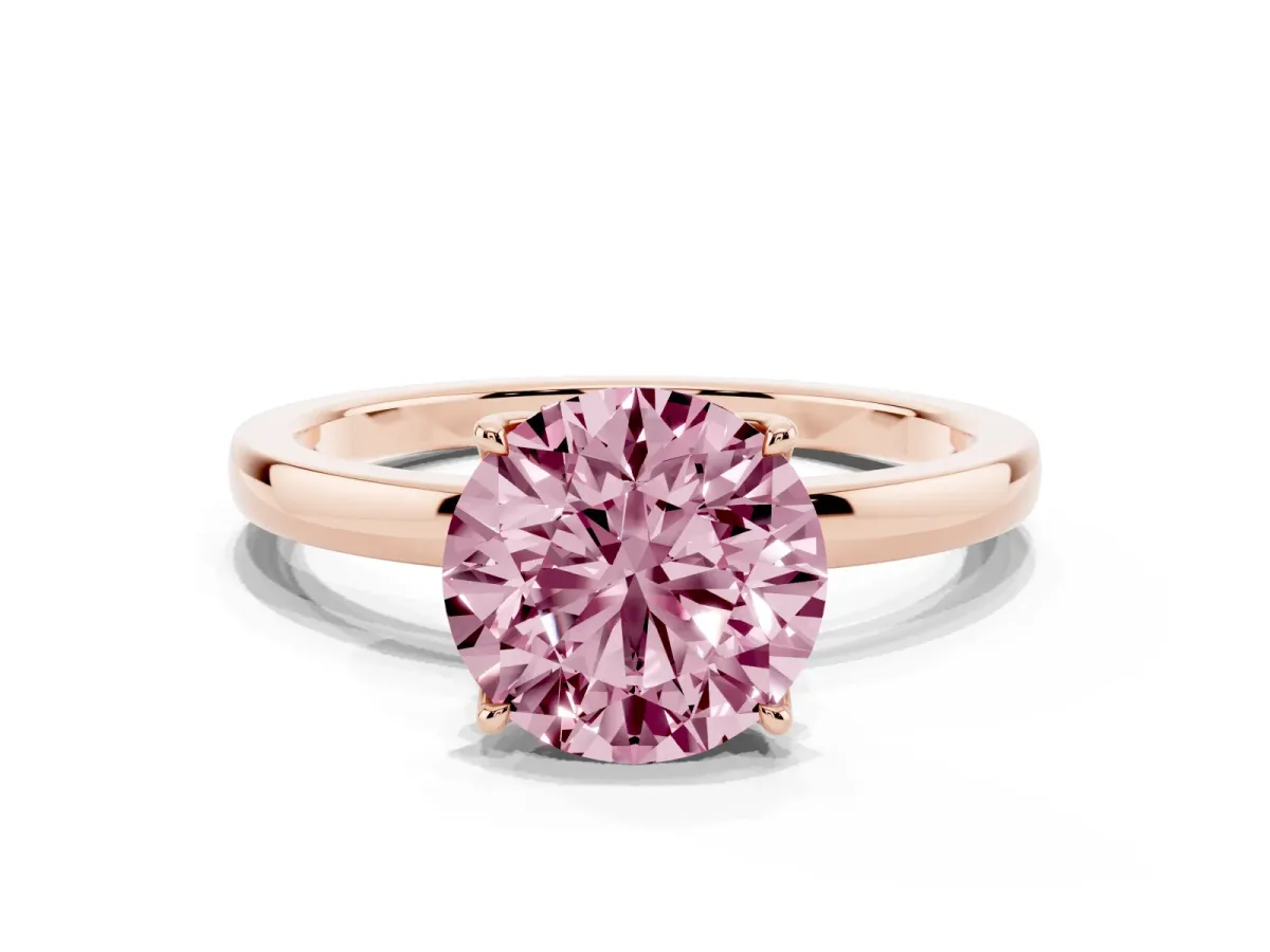 Fancy Pink Round Cut Diamond Solitaire Ring with Thin Band and Prong Setting Rose gold