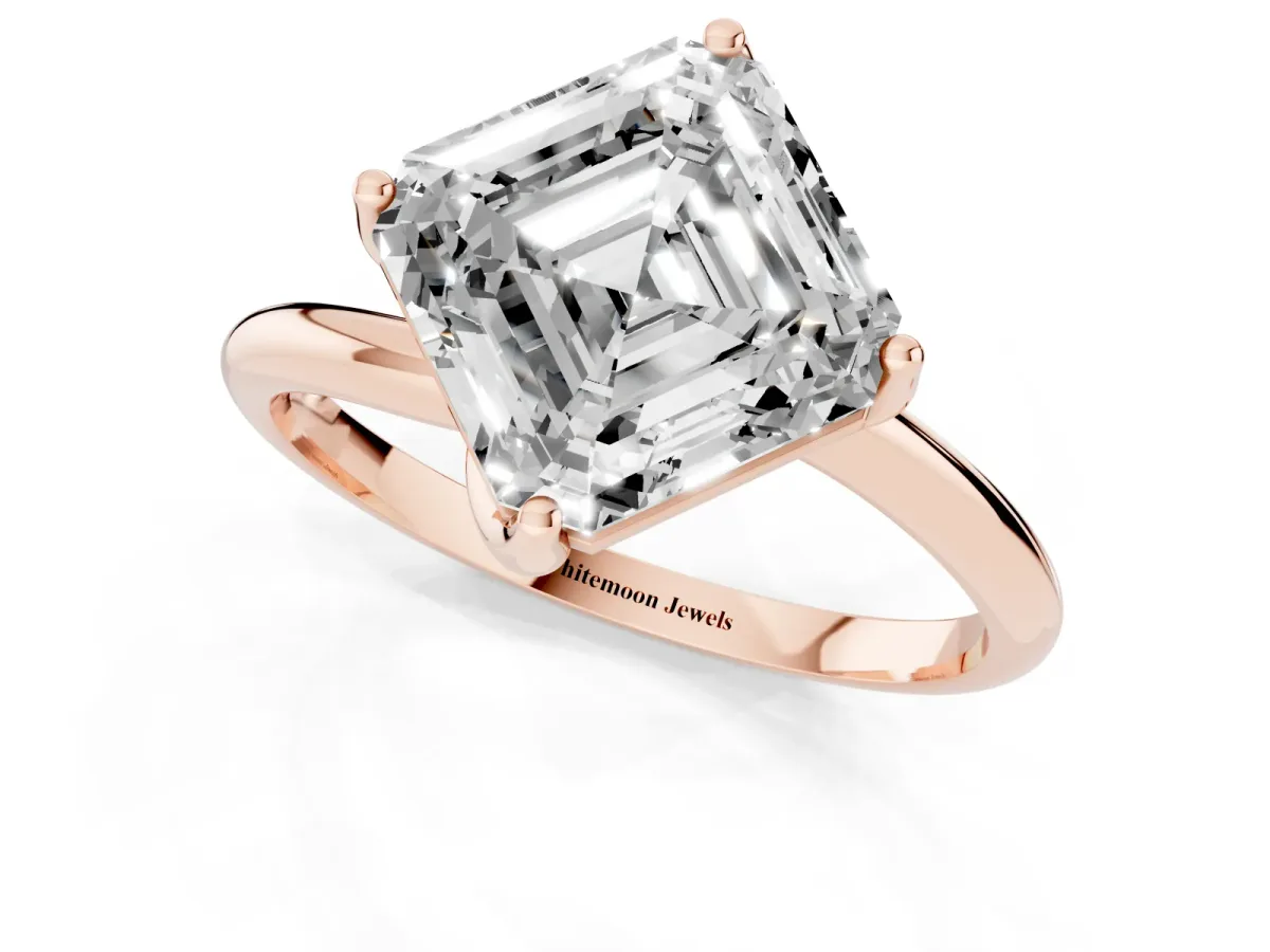 Asscher Cut Diamond Solitaire Engagement Ring with Four-Prong Setting and Classic Band Rose gold