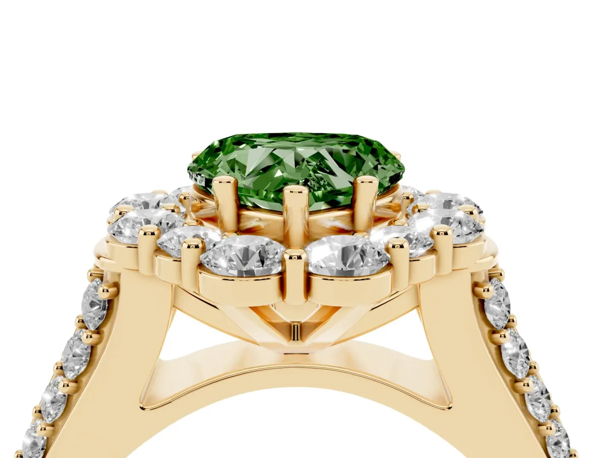 Fancy Green Heart Cut Halo Diamond Engagement Ring with Split Shank and Prong Setting Yellow gold