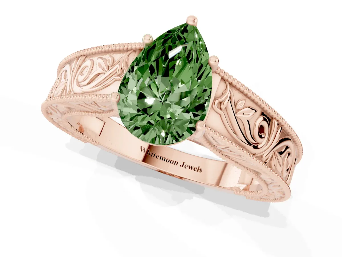 Fancy Green Pear Cut Diamond Solitaire Ring with Engraved Band and Four-Prong Setting Rose gold