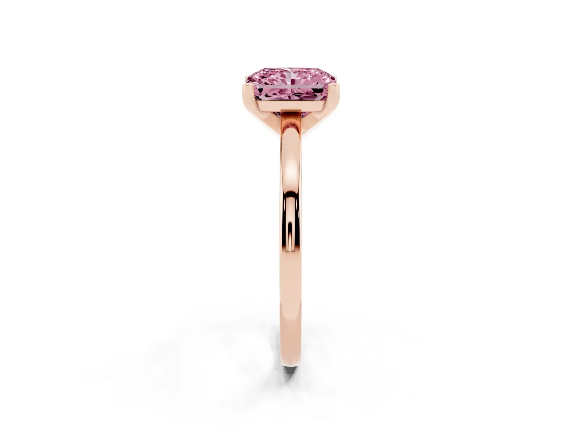 Fancy Pink Radiant Cut Solitaire Diamond Engagement Ring with Four-Prong Setting on a Classic Band Rose gold