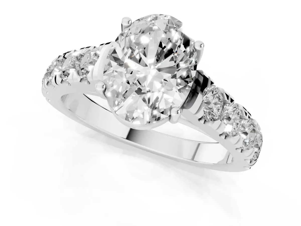 Oval Cut Cut Diamond Solitaire Ring with Micro Pave Band and Prong Setting Platinum