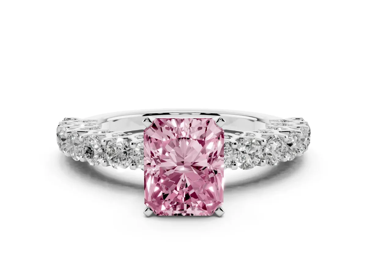 Fancy Pink Radiant Cut Diamond Solitaire Ring with Shared Prong Pavé Band and Four-Prong Setting Silver