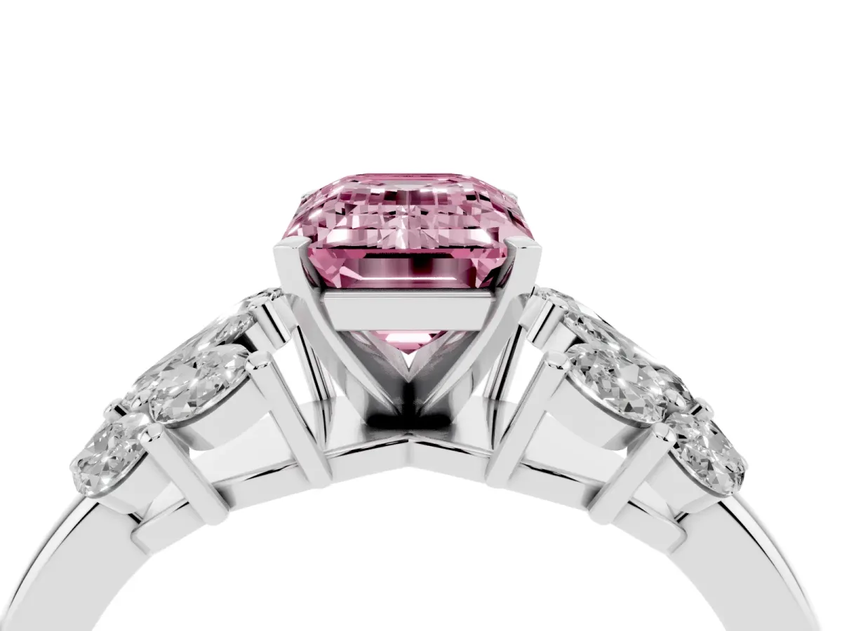 Fancy Pink Emerald Cut Diamond Cluster Leaf Design Ring with Prong Setting Platinum