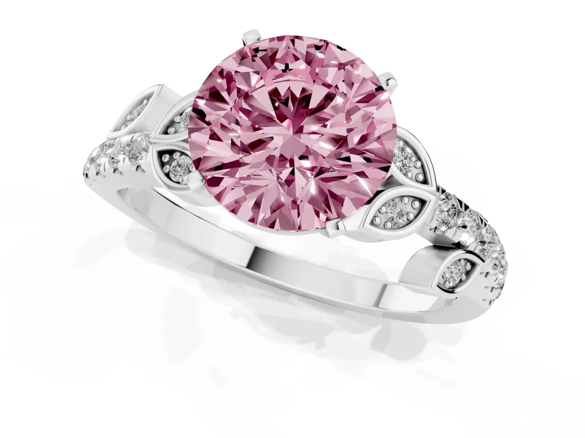 Fancy Pink Round Cut Solitaire Leaf-Inspired Diamond Ring with Pavé Band and Four-Prong Setting Silver