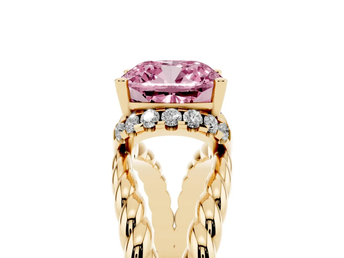 Fancy Pink Cushion Cut Halo Twisted Band Four-Prong Ring Yellow gold