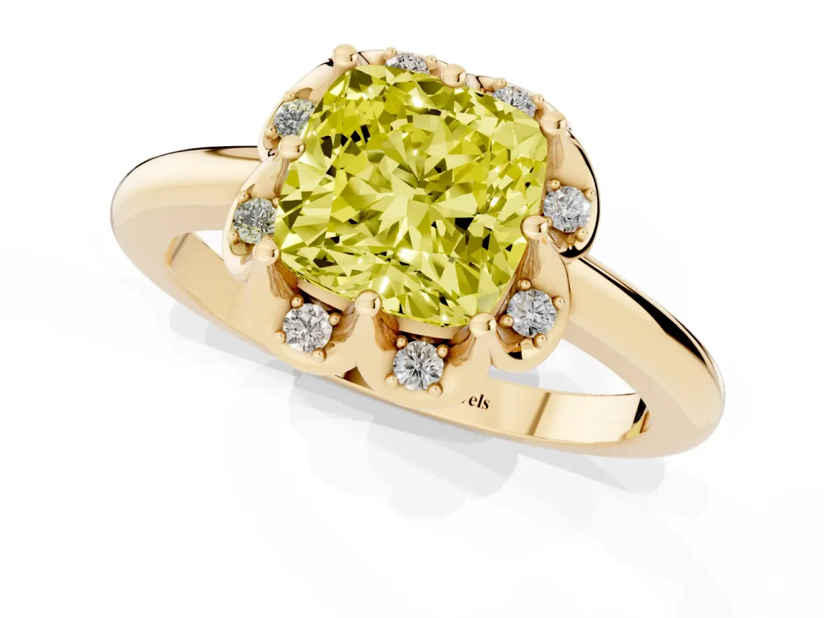 Fancy Yellow Cushion Cut Halo Diamond Ring with Round Cluster Setting, Solitaire Band, and Four-Prong Setting Yellow gold