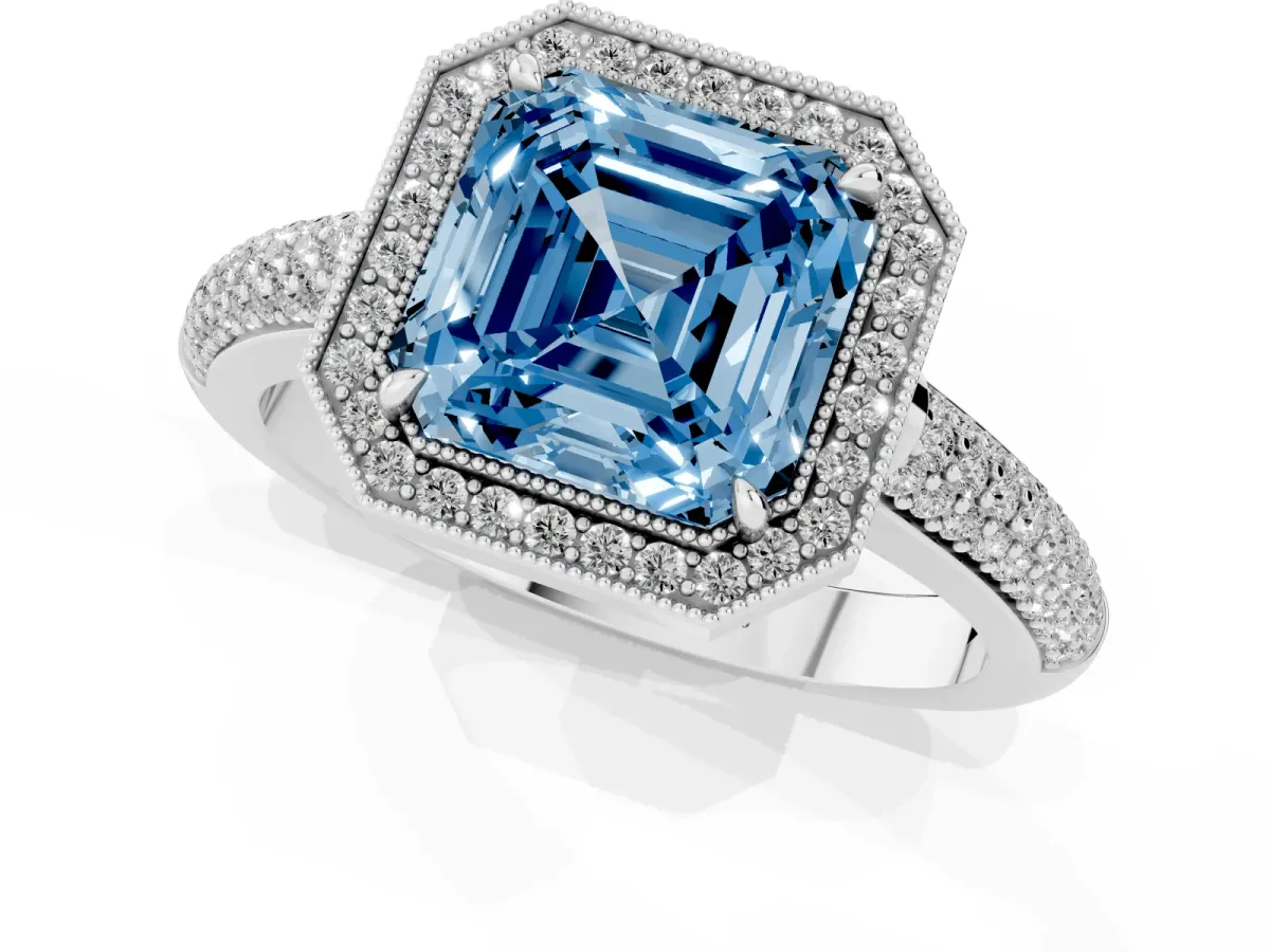 Fancy Blue Asscher Cut Cut Halo Diamond Pave Band with Four-Prong Setting Platinum