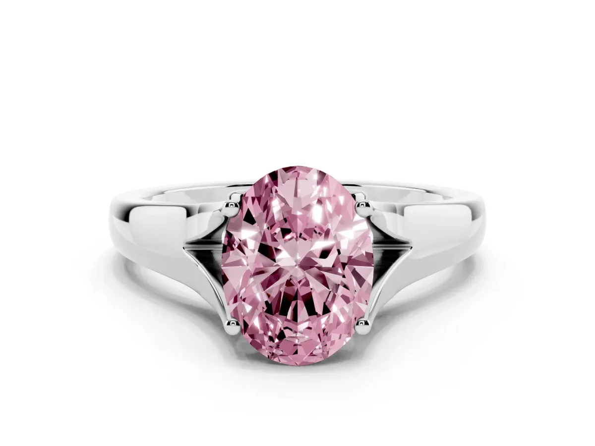 Fancy Pink Oval Cut Solitaire Diamond Ring with Cathedral Band and Four-Prong Setting Silver