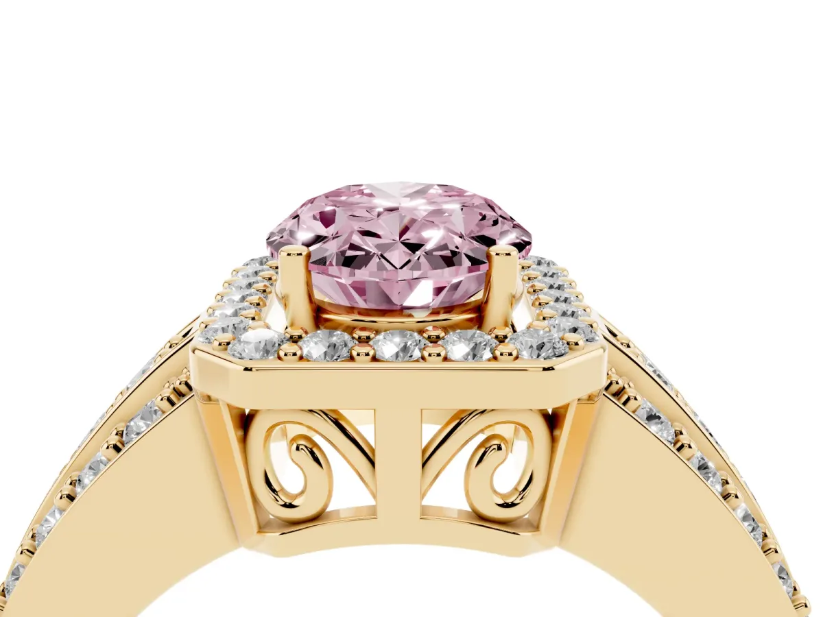 Fancy Pink Oval Cut Halo Diamond Ring with Round Split Shank and Prong Setting Yellow gold