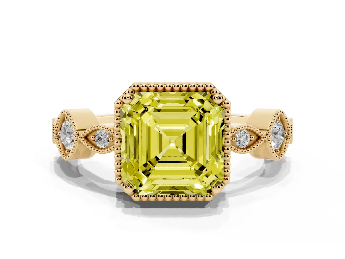 Fancy Yellow Asscher Cut Diamond Vintage Milgrain Ring with Round Stations Yellow gold
