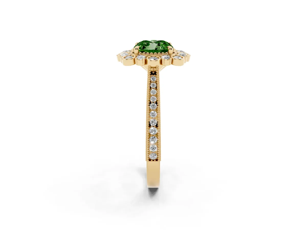 Fancy Green Cushion Cut Halo Milgrain Pave Diamond Ring with Four-Prong Setting Yellow gold